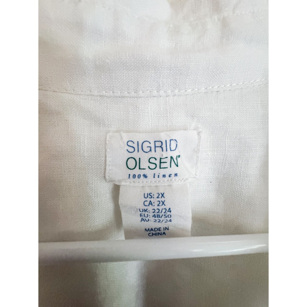 White 100% Linen Tunic Top 2X Sigrid Olsen Coastal Grandma Button Side Split V - Picture 3 of 6